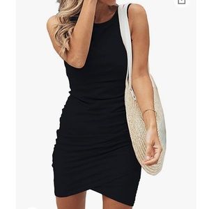 BTFBM Women Casual Crew Neck Ruched Sleeveless Tank Bodycon Mini Dress